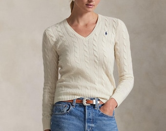 Jersey de punto trenzado color marfil con cuello en V para mujer, jersey suave tipo jersey, top de manga larga.