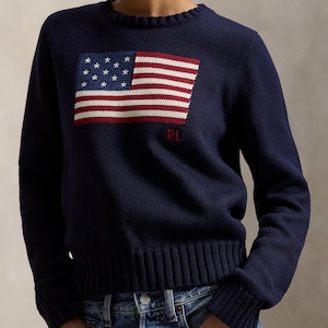 Marineblauer amerikanische Flagge gestrickter Pullover | USA Vaterländischer Pullover mit Rundhalsausschnitt