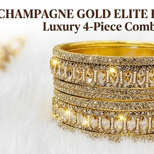 Premium guldpläterat armbandsset med 4 delar för kvinnor - Ögonformad champagnefärgad kristall Kada & mikroset Churi Stack