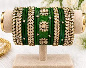 Emerald Green Kundan Silk Thread Bangles | Handmade Bridal Festive Ethnic Bracelet Set.