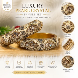 May include: A gold-plated bangle set featuring intricate textures, embedded clear crystals, and small white pearls arranged in a geometric diamond pattern. The jewelry displays a metallic finish with detailed craftsmanship and decorative embellishments.