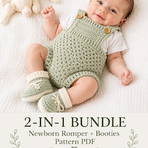 May include: A smiling baby wearing a sage green crochet romper and matching booties with cream-colored accents. The outfit has wooden buttons and is lying on a white blanket next to a stuffed bunny. Text on the image reads "2-IN-1 BUNDLE Newborn Romper + Booties Pattern PDF DIGITAL DOWNLOAD."
