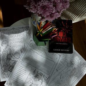 May include: A Dark Romance Obsessions Journal with printed prompts and illustrations, a book titled Little Stranger by Leigh Rivers, a green pencil holder with coloured pencils, and a vase filled with purple chrysanthemum flowers.