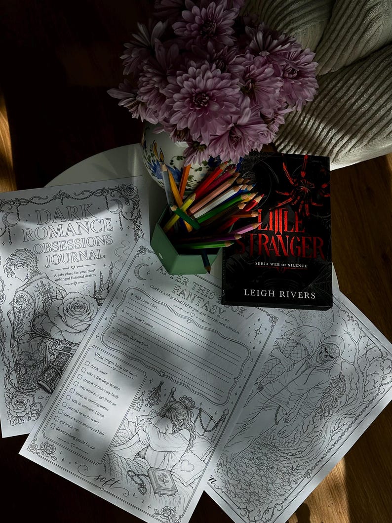 May include: A Dark Romance Obsessions Journal with printed prompts and illustrations, a book titled Little Stranger by Leigh Rivers, a green pencil holder with coloured pencils, and a vase filled with purple chrysanthemum flowers.