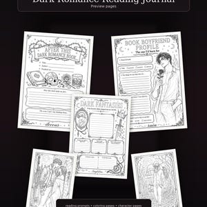 May include: A Dark Romance Reading Journal featuring black and white printed pages with prompts, character profiles, and illustrations. The pages include text such as After This Dark Romance Book, Book Boyfriend Profile, and Dark Fantasies.