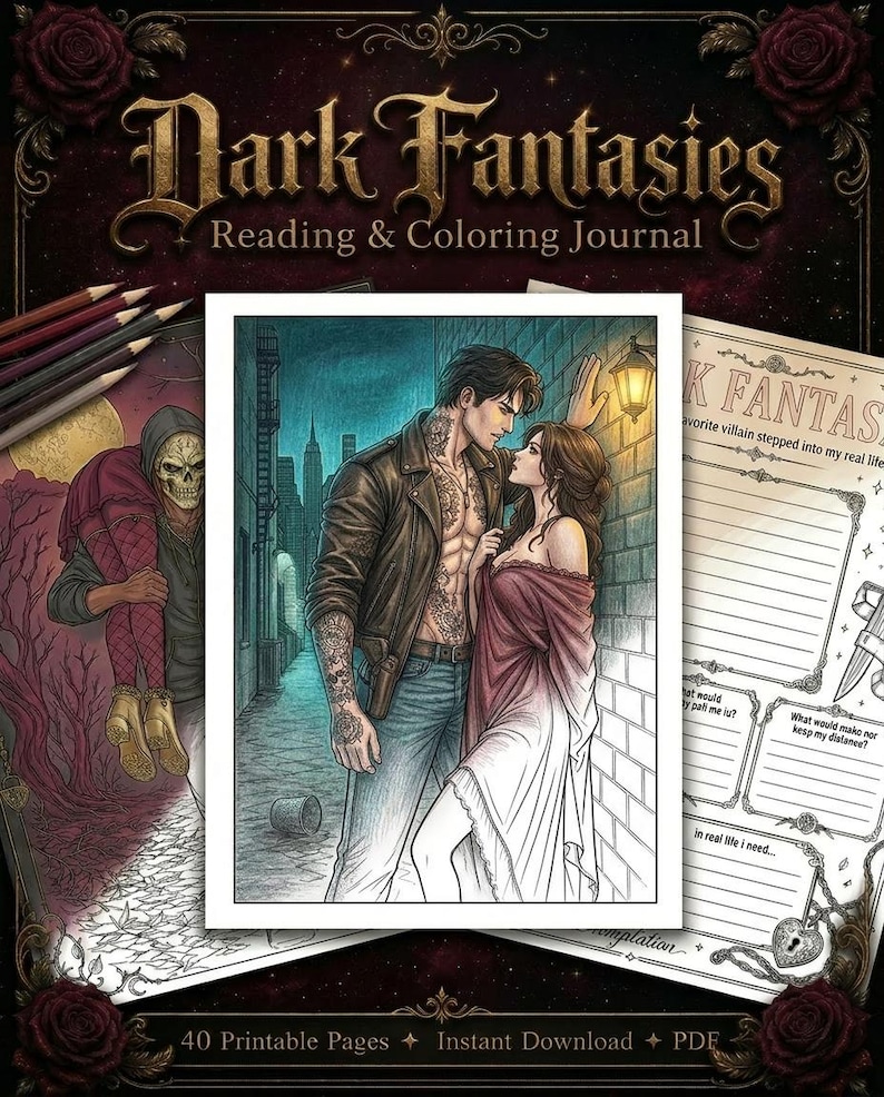 May include: A Dark Fantasies Reading & Coloring Journal featuring 40 printable pages. The cover displays a central illustration of a tattooed person in a leather jacket and a person in a flowing dress in an alleyway, alongside a skeletal figure.