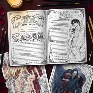 May include: An open book with a dark romance reading journal layout featuring a Book Boyfriend Profile, a skull, a rose, and a glass. Below are two illustrated pages showing a couple in a room and a hooded figure carrying a person in a forest.