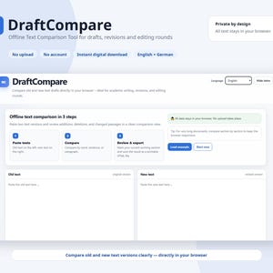 Puede incluir: Una captura de pantalla de la interfaz del sitio web DraftCompare. El sitio es blanco con acentos azules y presenta herramientas de comparación de texto. El logotipo incluye las letras "DC" en un círculo azul. El sitio ofrece comparación de texto sin conexión en tres pasos.