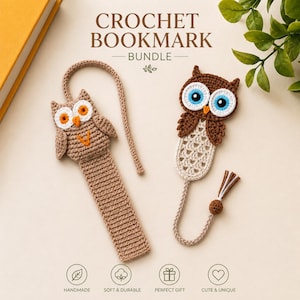 May include: Two handmade crochet owl bookmarks. One is a solid brown color with orange accents, and the other has a brown owl with blue eyes and a cream-colored, open-weave design. The text "CROCHET BOOKMARK BUNDLE" is at the top.