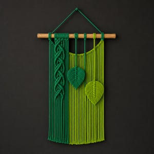 Puede incluir: Un tapiz de macramé con una varilla de madera y cordones verdes. El diseño incorpora una sección trenzada a la izquierda y dos acentos en forma de hoja. La paleta de colores incluye tonos de verde, creando una pieza natural y decorativa.