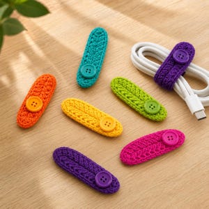 May include: A collection of colorful, handmade crochet cable organizers. The organizers are in various colors, including orange, teal, yellow, green, purple, and pink, each with a matching button closure. A white cable is secured with a purple organizer.