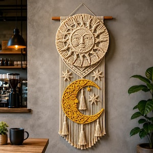 May include: Macrame wall hanging with a sun and moon design. The sun is beige with a smiling face and radiating lines. The moon is yellow with a face and star accents. Beige tassels hang below the moon.