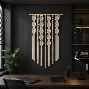 Puede incluir: Colgante de pared de macramé color crema con diseños de hojas y largas borlas. La decoración de pared está montada en una clavija de madera y cuelga sobre una pared gris oscuro. Un toque bohemio para cualquier habitación.
