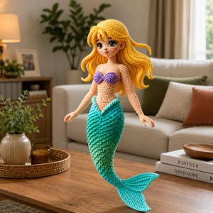 Puede incluir: Muñeca de sirena de ganchillo hecha a mano con cabello amarillo, top morado y cola turquesa y verde. La muñeca está sobre una mesa de madera en un salón. Un artículo único y artesanal.