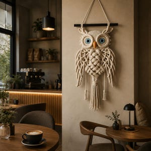 May include: A macrame owl wall hanging with blue eyes and an orange beak. The owl is made of beige rope and hangs from a black wooden rod. The owl is displayed on a beige wall in a cafe setting.