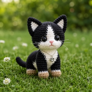 Könnte beinhalten: Handgefertigte Häkelkatzenfigur in Schwarz und Weiß, mit rosa Nase und großen Augen. Die Katze trägt eine silberne Halskette mit Pfotenabdruck-Anhänger und sitzt auf grünem Gras. Die Pfoten der Katze sind beige.