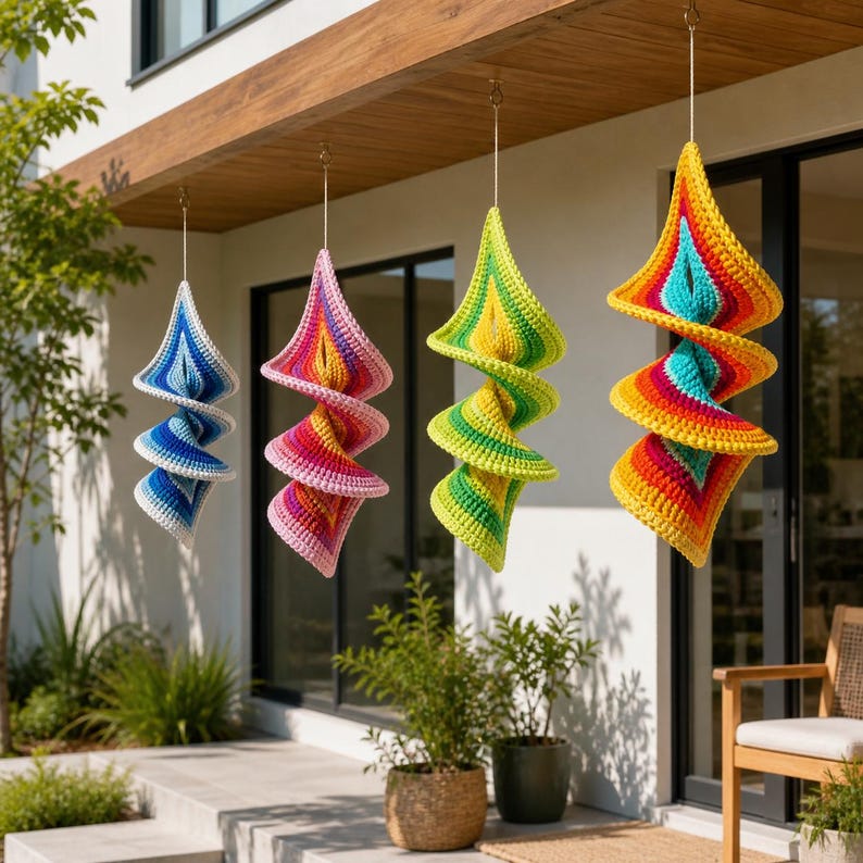 May include: Four colorful, spiral-shaped crochet ornaments hanging from a wooden beam. The ornaments feature a variety of colors, including blue, pink, green, and yellow, with a white border. They are suspended by thin gold-colored wires, creating a whimsical outdoor decor.