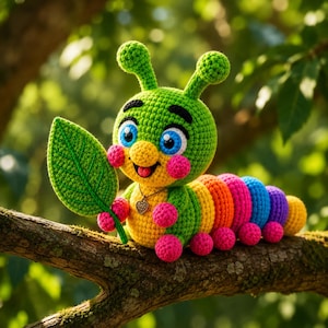 Peut inclure: Un jouet chenille crocheté avec une tête verte tenant une feuille verte. Le corps de la chenille est un arc-en-ciel de couleurs, dont l'orange, le rose, le bleu et le violet. Elle a des joues roses, des yeux bleus et un nez et une bouche jaunes. Le jouet est sur une branche.