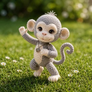以下が含まれることがあります： グレーとクリーム色の手編みの猿の人形。ハートのペンダントが付いています。手作りの玩具は大きく、表情豊かな目を持ち、小さな白い花が咲く芝生の上に立っています。