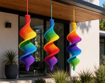 May include: Three rainbow-colored, spiral-shaped crochet ornaments hanging from a black beam. Each ornament transitions through the colors of the rainbow, from red to purple. The ornaments are suspended by thin cords.