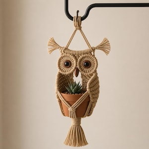 May include: A beige macrame owl plant hanger with a small terracotta pot holding a succulent. The owl has large, round eyes and a wooden beak. The hanger is suspended from a black metal hook.