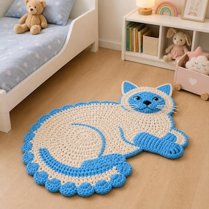May include: A handmade, crochet cat rug in a cream and blue color scheme. The rug is shaped like a cat, with a blue face, ears, paws, and a scalloped border. The cat's body is cream-colored, and the rug is placed on a wooden floor.