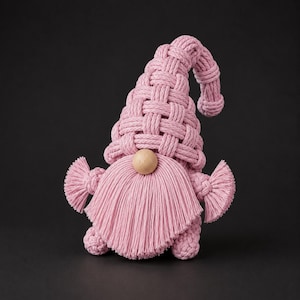 May include: A pink macrame gnome figurine with a woven hat, a long tassel beard, and wooden nose. The gnome has small arms with tassel details and is set against a black background.