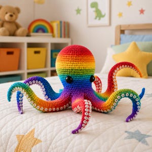 May include: A colorful, crocheted octopus toy with a rainbow-colored head and tentacles. The octopus has large black eyes and white suction cups on its tentacles. It is resting on a white bedspread with star patterns.