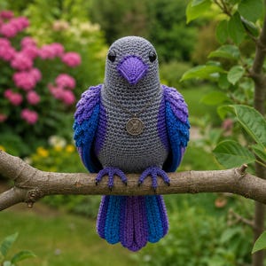 Könnte beinhalten: Ein handgehäkelter Vogel mit grauem Körper, lila Schnabel und blauen und lila Flügeln und Schwanz. Der Vogel sitzt auf einem Ast, mit einem silbernen Anhänger um den Hals. Der Hintergrund zeigt grünes Laub und rosa Blüten.