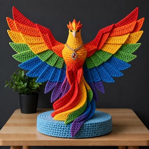 Op de afbeelding: Een levendige, handgemaakte gehaakte fenikssculptuur met uitgespreide vleugels, met een regenboog aan kleuren. De vogel heeft een gedetailleerd ontwerp, een ketting met juwelen en is gemonteerd op een blauwe gehaakte basis.