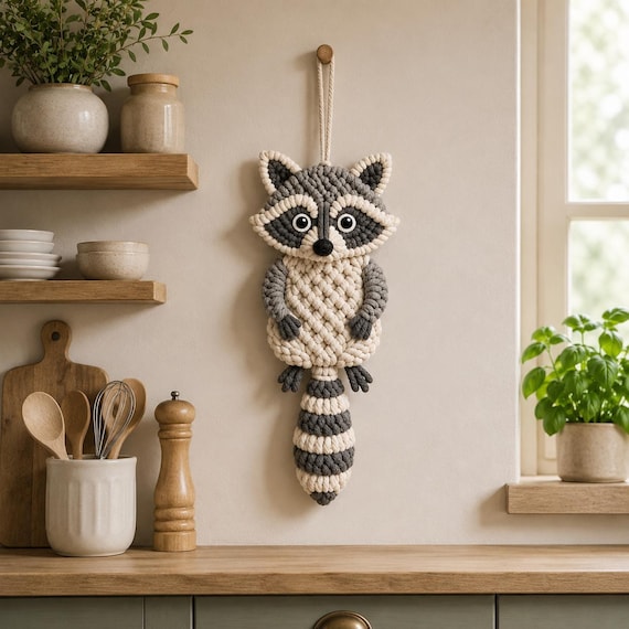 Raccoon Macrame Pattern PDF, Crochet Wall Hanging Pattern, Woodland Nursery Decor, DIY Animal Fiber Art Tutorial