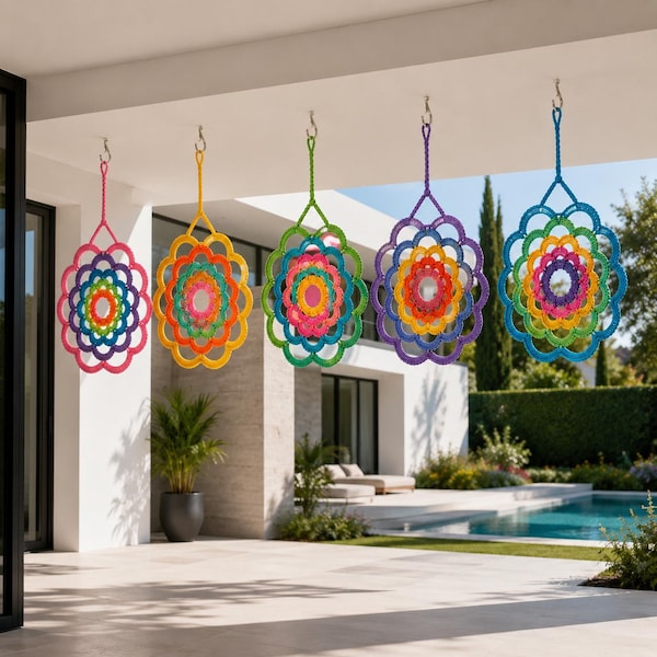 Regenboog haak wind spinner patroon pdf, kleurrijk boho hangend decor haakpatroon, bloemen mandala wind spinner tutorial, gehaakt ornament