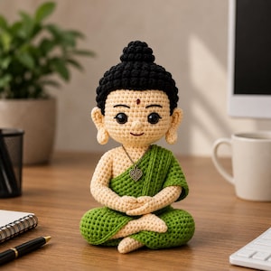 May include: A crocheted Buddha figurine in a seated meditation pose. The figure has a black topknot, large eyes, and a green robe. A small heart-shaped pendant hangs around its neck. The figurine is on a wooden surface.