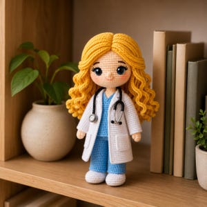 May include: A handmade crochet doll depicting a female doctor. The doll has yellow curly hair, blue eyes, and is wearing a white lab coat over blue scrubs. A black stethoscope hangs around her neck. The doll is standing on a wooden shelf.