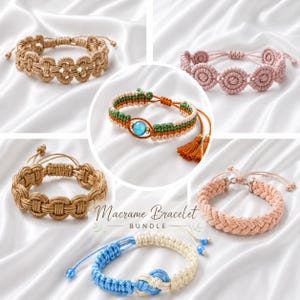 May include: A selection of macrame bracelets in different colours and styles. The bracelets are in shades of tan, pink, blue, green, and orange. Some have complex knotting, others have beads or tassels. The text "Macrame Bracelet Bundle" is also visible.