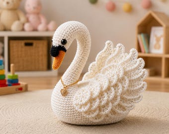 Elegante schema per cigno all'uncinetto in PDF, tutorial per cigno amigurumi, schema per cigno bianco di peluche all'uncinetto, uccello decorativo all'uncinetto fai da te
