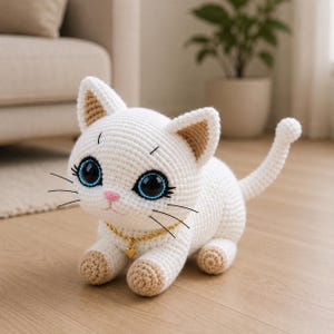 May include: A white crochet cat with large blue eyes, black whiskers, and a pink nose. The cat has tan-colored inner ears and paws, and a gold-colored necklace with a heart pendant. The cat is sitting on a wooden floor.