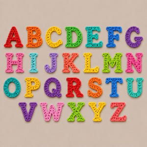 May include: A full alphabet of colorful, crocheted letters. Each letter is a different color, including red, orange, yellow, green, blue, purple, and pink. The letters are arranged in rows, spelling out the alphabet from A to Z.
