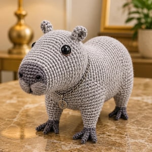 Op de afbeelding: Een gehaakte grijze capybarafiguur met zwarte ogen en een ketting met een bladhanger. Het handgemaakte dier heeft donkergrijze poten en oren en staat op een marmeren oppervlak.
