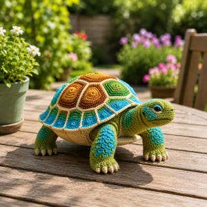 May include: A handcrafted crochet turtle figurine with a colorful shell in shades of brown, green, and blue. The turtle has detailed features, including a textured shell and realistic-looking feet. The figurine is displayed on a wooden table.