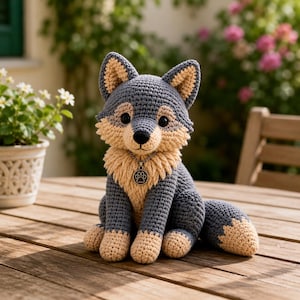 Könnte beinhalten: Handgemachte Häkeltier-Wolf-Puppe in Grau und Beige. Der Wolf hat eine beige Brust, Pfoten und Innenohren. Er hat eine schwarze Nase und Augen sowie einen Pfotenabdruck-Anhänger. Die Puppe sitzt auf einem Holztisch.