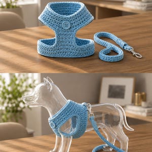 May include: A light blue crochet dog harness and leash set. The harness features a button closure and a matching leash with a metal clasp. The set is displayed on a wooden surface, with a clear dog model wearing the harness.