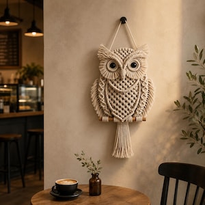 May include: A beige macrame owl wall hanging. The owl has large, round eyes and a detailed woven pattern. It is suspended from a wooden dowel and a natural fiber cord, adding a touch of bohemian decor to any space.
