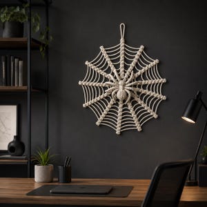 May include: A beige macrame spider web wall hanging. The spider has a round body and eight legs, and is centered in the web. The web is made of beige rope and is attached to a loop for hanging. The wall hanging is a decorative item.