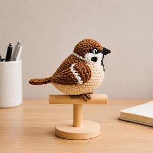 Virkat sparvmönster i PDF-format, virkmönster för amigurumifågel, handledning för realistisk sparv, plyschfågel i PDF-format, gör-det-själv-virkad mejsa
