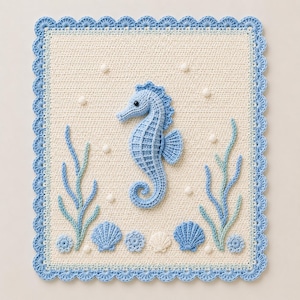 May include: A square, cream-colored crochet blanket with a light blue seahorse, seaweed, and seashells. The blanket has a scalloped blue border. The seahorse is approximately 6 inches tall. The blanket is a handmade item.