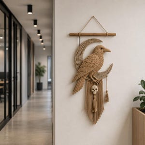 May include: A woven wall hanging featuring a raven perched on a crescent moon. The raven and moon are beige, with a skull and tassels below. The artwork is suspended from a wooden dowel with a natural fiber cord.