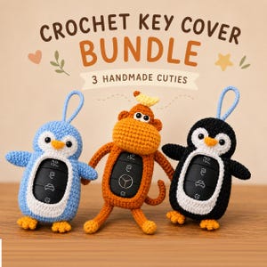 May include: A bundle of three handmade crochet key covers shaped like animals: a blue penguin, an orange monkey, and a black and white penguin. The key covers have a loop for attaching to a keychain. The text "CROCHET KEY COVER BUNDLE" is at the top.