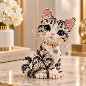 May include: A decorative cat figurine crafted from numerous small white, grey, and black beads. The cat features large dark eyes, pink-beaded inner ears, and a gold-toned collar with a small blue pendant. Long thin wires serve as whiskers.