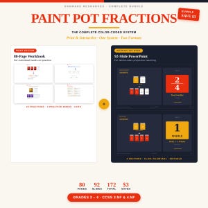 Può includere: Pacchetto didattico "Paint Pot Fractions" con un quaderno di lavoro di 80 pagine e una presentazione PowerPoint di 92 diapositive. Il sistema completo include formati stampati e interattivi. Progettato per le classi 3-4, il pacchetto contiene 172 pagine in totale.